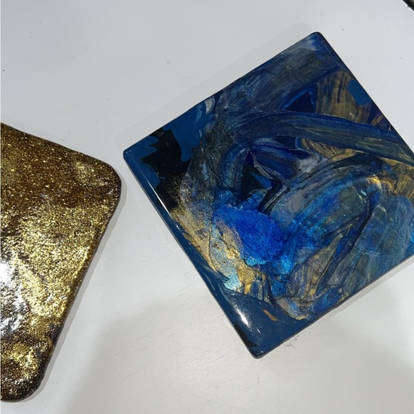 Handmade One Of a Kind Set of Stunning Blue & Gold Coasters 4x4 - Picture 3 of 6